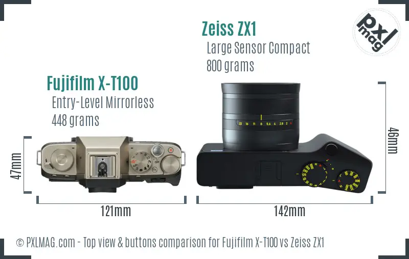 Fujifilm X-T100 vs Zeiss ZX1 top view buttons comparison