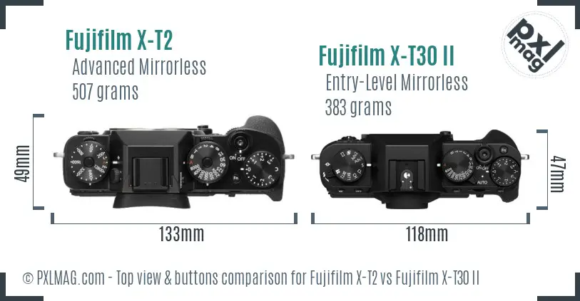 Fujifilm X-T2 vs Fujifilm X-T30 II top view buttons comparison