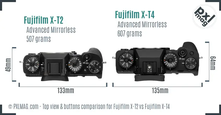 Fujifilm X-T2 vs Fujifilm X-T4 top view buttons comparison