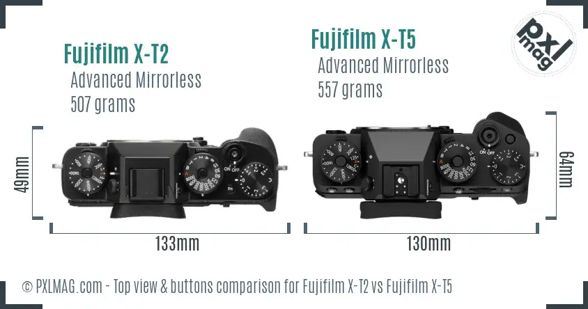 Fujifilm X-T2 vs Fujifilm X-T5 top view buttons comparison