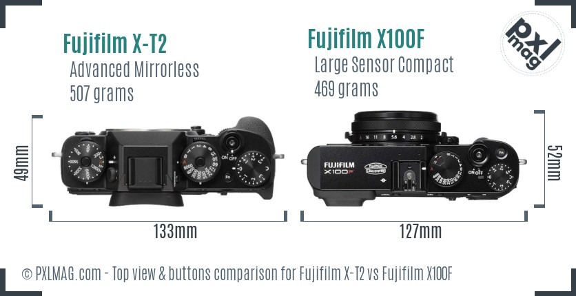 Fujifilm X-T2 vs Fujifilm X100F top view buttons comparison