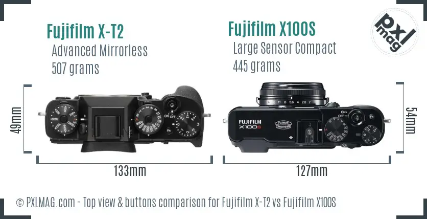 Fujifilm X-T2 vs Fujifilm X100S top view buttons comparison Fujifilm X-T2 vs Fujifilm X100S top view buttons comparison