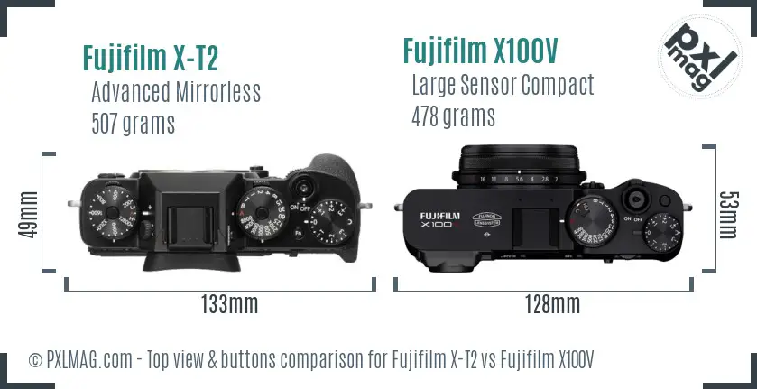 Fujifilm X-T2 vs Fujifilm X100V top view buttons comparison Fujifilm X-T2 vs Fujifilm X100V top view buttons comparison