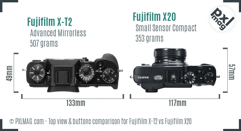 Fujifilm X-T2 vs Fujifilm X20 top view buttons comparison Fujifilm X-T2 vs Fujifilm X20 top view buttons comparison