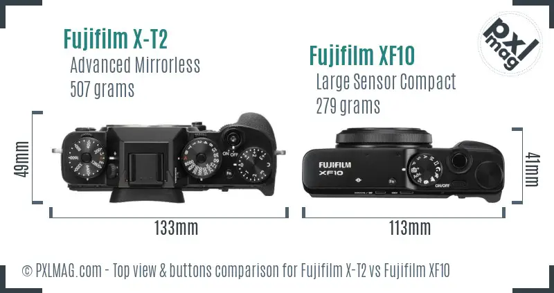 Fujifilm X-T2 vs Fujifilm XF10 top view buttons comparison Fujifilm X-T2 vs Fujifilm XF10 top view buttons comparison