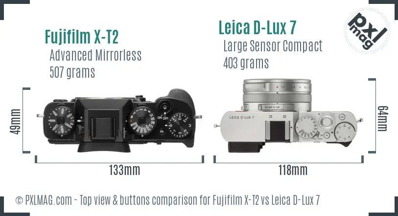 Fujifilm X-T2 vs Leica D-Lux 7 top view buttons comparison Fujifilm X-T2 vs Leica D-Lux 7 top view buttons comparison