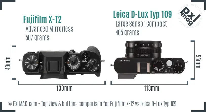 Fujifilm X-T2 vs Leica D-Lux Typ 109 top view buttons comparison Fujifilm X-T2 vs Leica D-Lux Typ 109 top view buttons comparison