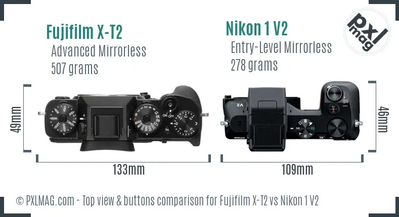 Fujifilm X-T2 vs Nikon 1 V2 top view buttons comparison