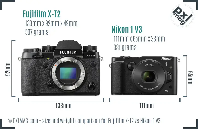 Fujifilm X-T2 vs Nikon 1 V3 size comparison Fujifilm X-T2 vs Nikon 1 V3 size comparison