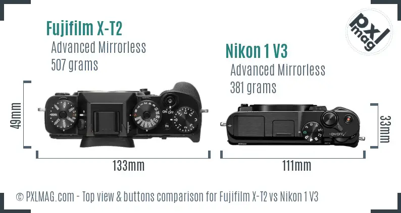 Fujifilm X-T2 vs Nikon 1 V3 top view buttons comparison Fujifilm X-T2 vs Nikon 1 V3 top view buttons comparison