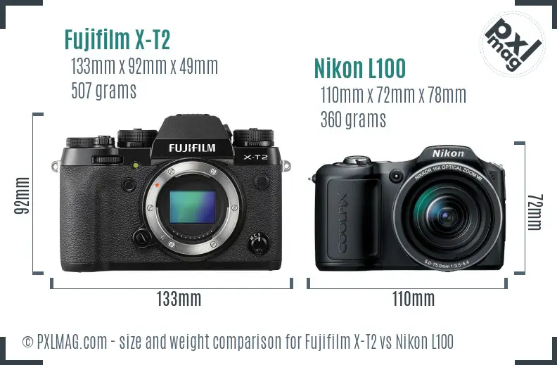 Fujifilm X-T2 vs Nikon L100 size comparison