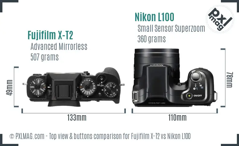 Fujifilm X-T2 vs Nikon L100 top view buttons comparison