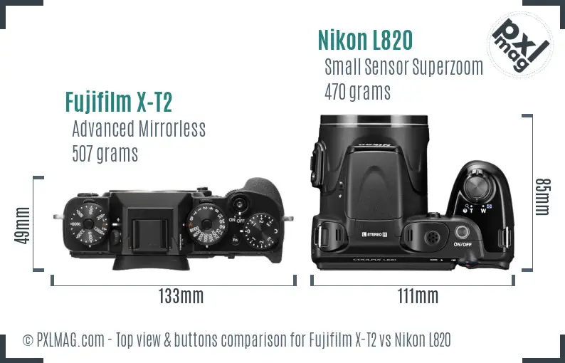 Fujifilm X-T2 vs Nikon L820 top view buttons comparison