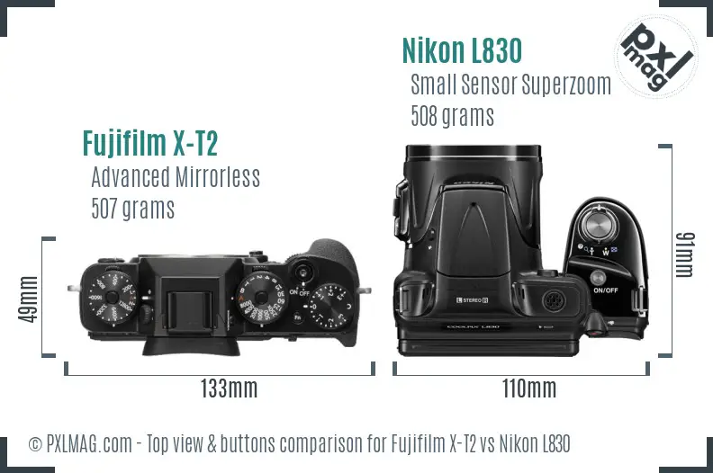 Fujifilm X-T2 vs Nikon L830 top view buttons comparison Fujifilm X-T2 vs Nikon L830 top view buttons comparison