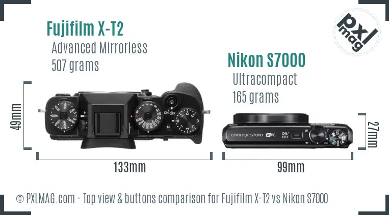 Fujifilm X-T2 vs Nikon S7000 top view buttons comparison Fujifilm X-T2 vs Nikon S7000 top view buttons comparison