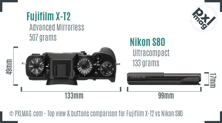 Fujifilm X-T2 vs Nikon S80 top view buttons comparison