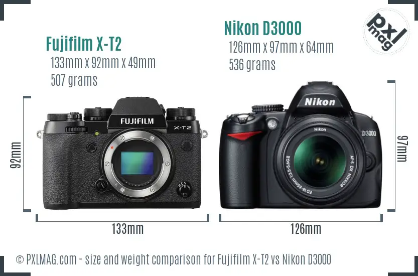 Fujifilm X-T2 vs Nikon D3000 size comparison Fujifilm X-T2 vs Nikon D3000 size comparison