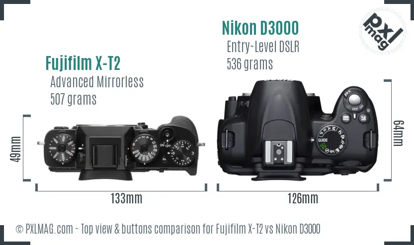 Fujifilm X-T2 vs Nikon D3000 top view buttons comparison Fujifilm X-T2 vs Nikon D3000 top view buttons comparison