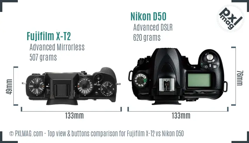 Fujifilm X-T2 vs Nikon D50 top view buttons comparison Fujifilm X-T2 vs Nikon D50 top view buttons comparison