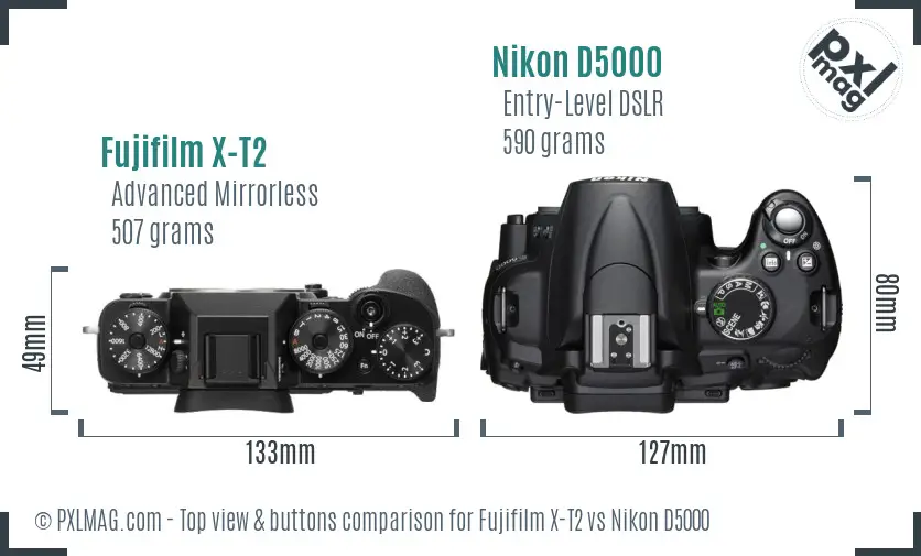 Fujifilm X-T2 vs Nikon D5000 top view buttons comparison