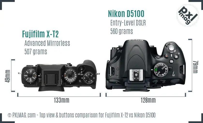 Fujifilm X-T2 vs Nikon D5100 top view buttons comparison Fujifilm X-T2 vs Nikon D5100 top view buttons comparison