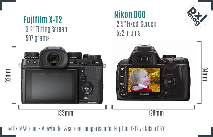 Fujifilm X-T2 vs Nikon D60 Screen and Viewfinder comparison