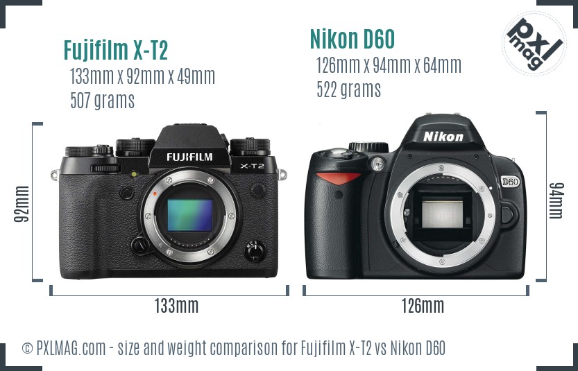 Fujifilm X-T2 vs Nikon D60 size comparison