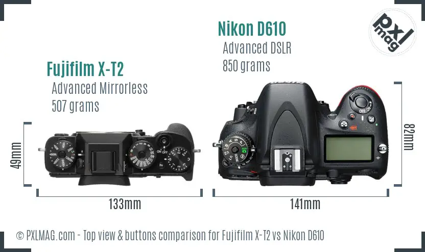 Fujifilm X-T2 vs Nikon D610 top view buttons comparison Fujifilm X-T2 vs Nikon D610 top view buttons comparison