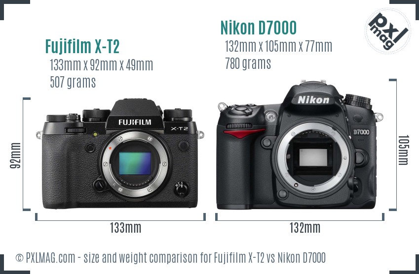 Fujifilm X-T2 vs Nikon D7000 size comparison