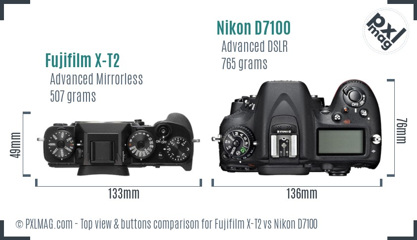 Fujifilm X-T2 vs Nikon D7100 top view buttons comparison