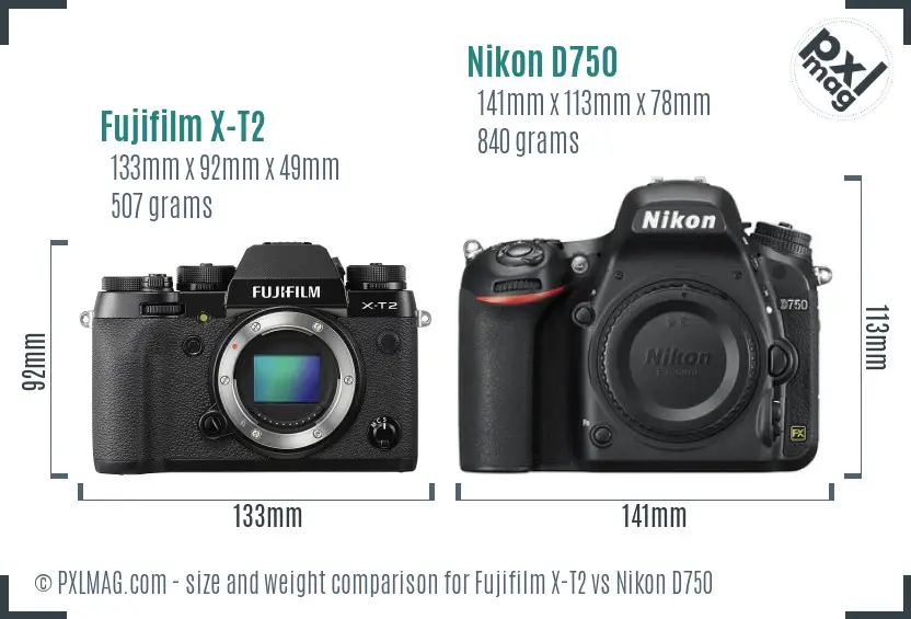 Fujifilm X-T2 vs Nikon D750 size comparison Fujifilm X-T2 vs Nikon D750 size comparison