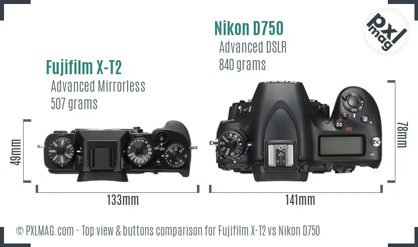 Fujifilm X-T2 vs Nikon D750 top view buttons comparison Fujifilm X-T2 vs Nikon D750 top view buttons comparison