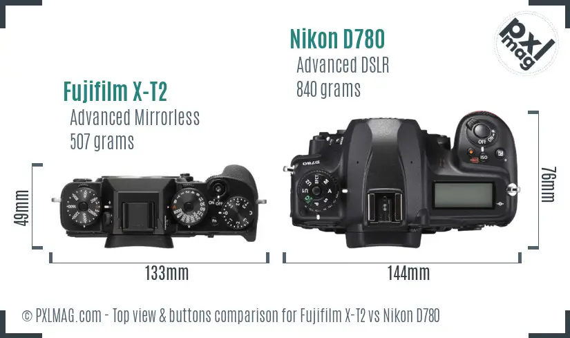 Fujifilm X-T2 vs Nikon D780 top view buttons comparison Fujifilm X-T2 vs Nikon D780 top view buttons comparison