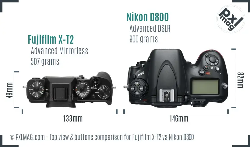 Fujifilm X-T2 vs Nikon D800 top view buttons comparison Fujifilm X-T2 vs Nikon D800 top view buttons comparison
