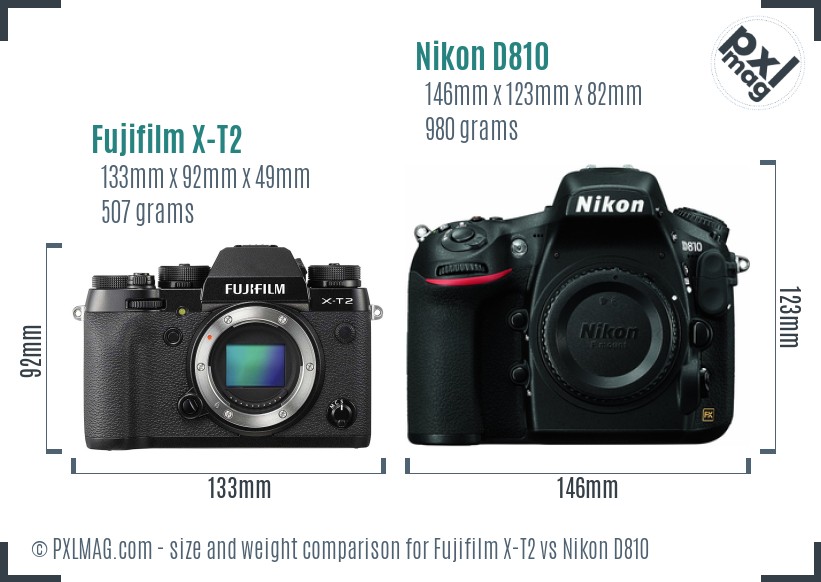 Fujifilm X-T2 vs Nikon D810 size comparison