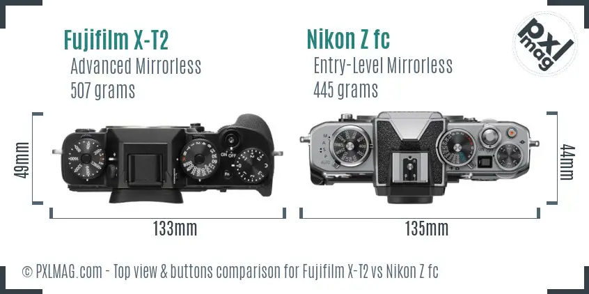 Fujifilm X-T2 vs Nikon Z fc top view buttons comparison