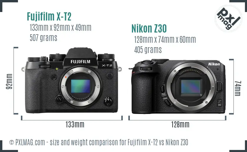 Fujifilm X-T2 vs Nikon Z30 size comparison
