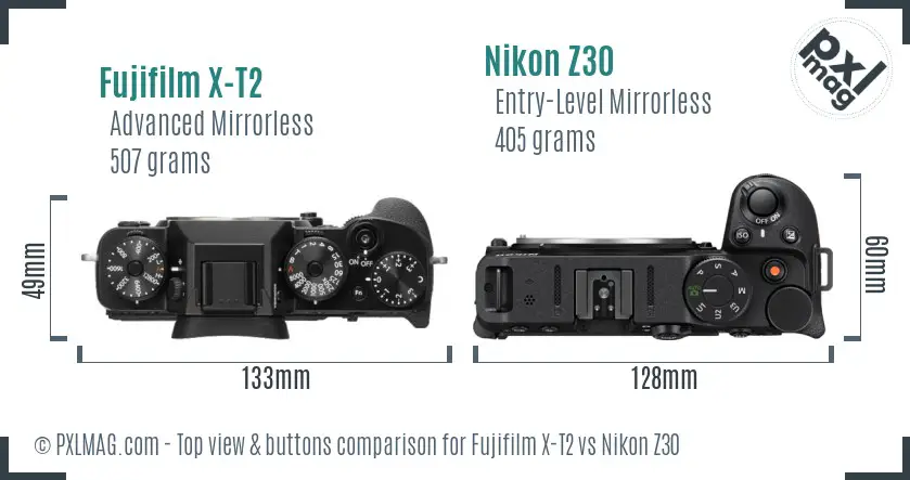 Fujifilm X-T2 vs Nikon Z30 top view buttons comparison