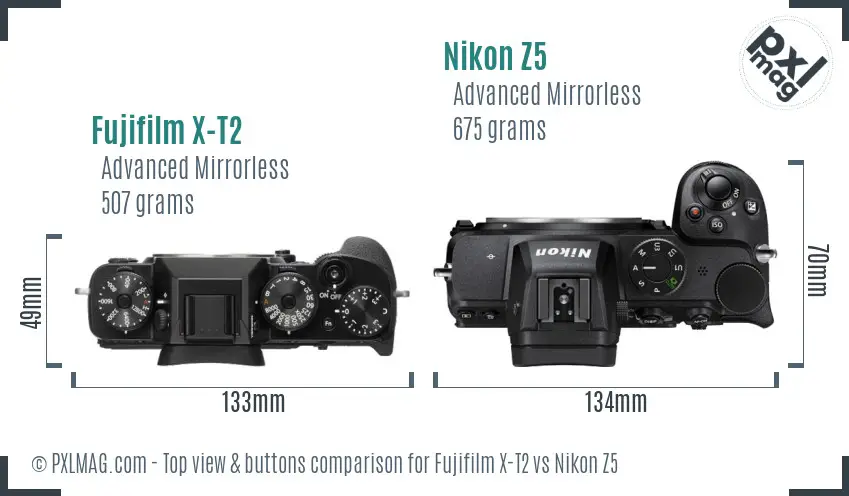 Fujifilm X-T2 vs Nikon Z5 top view buttons comparison