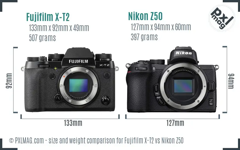 Fujifilm X-T2 vs Nikon Z50 size comparison