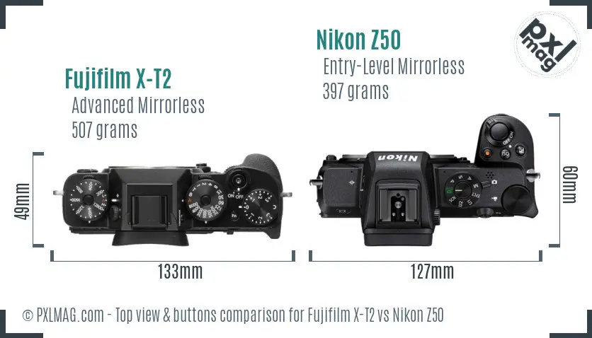 Fujifilm X-T2 vs Nikon Z50 top view buttons comparison