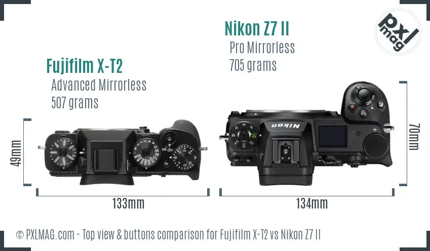 Fujifilm X-T2 vs Nikon Z7 II top view buttons comparison