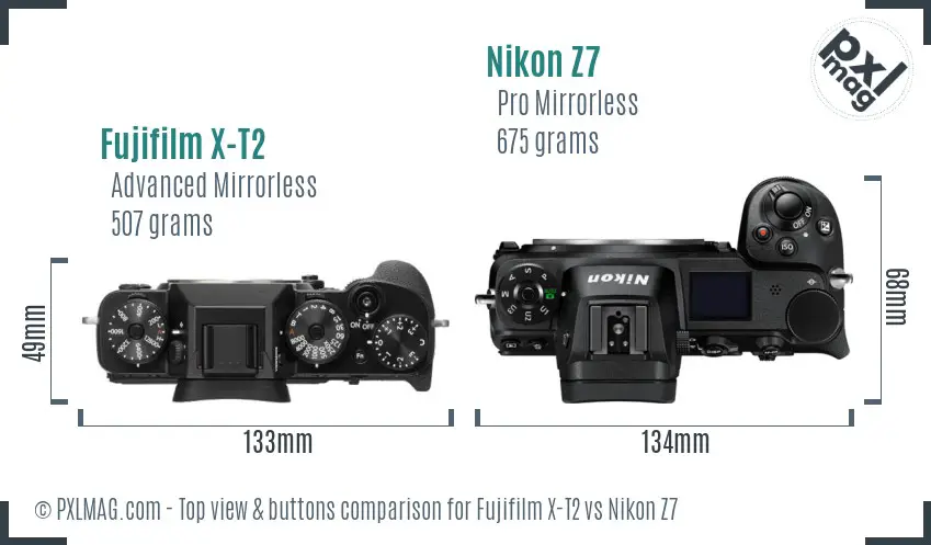 Fujifilm X-T2 vs Nikon Z7 top view buttons comparison