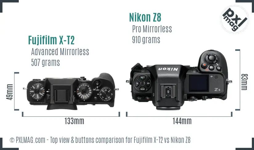 Fujifilm X-T2 vs Nikon Z8 top view buttons comparison Fujifilm X-T2 vs Nikon Z8 top view buttons comparison