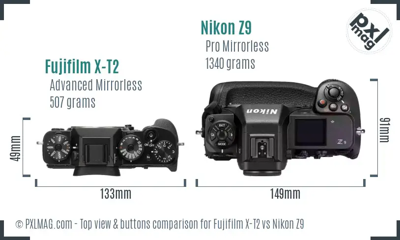 Fujifilm X-T2 vs Nikon Z9 top view buttons comparison