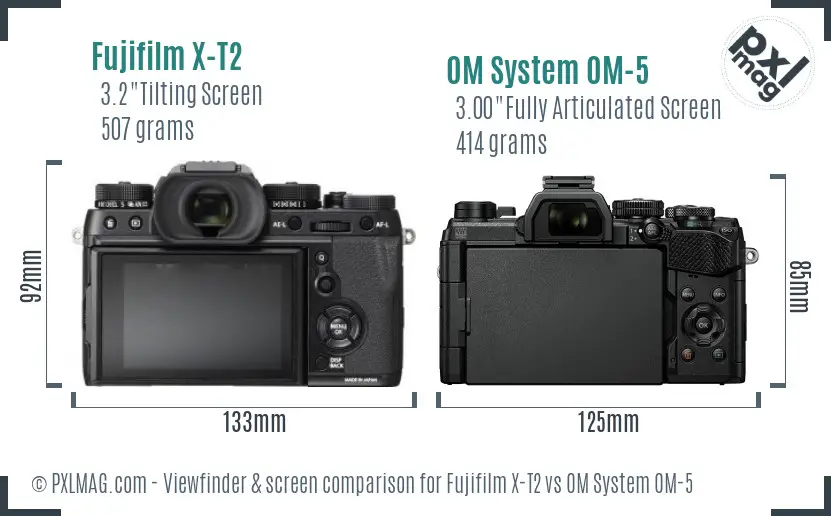 Fujifilm X-T2 vs OM System OM-5 Screen and Viewfinder comparison