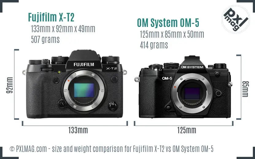 Fujifilm X-T2 vs OM System OM-5 size comparison