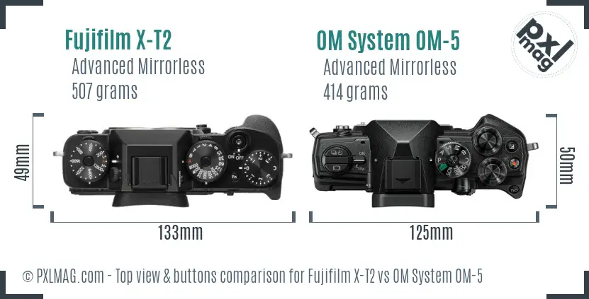 Fujifilm X-T2 vs OM System OM-5 top view buttons comparison