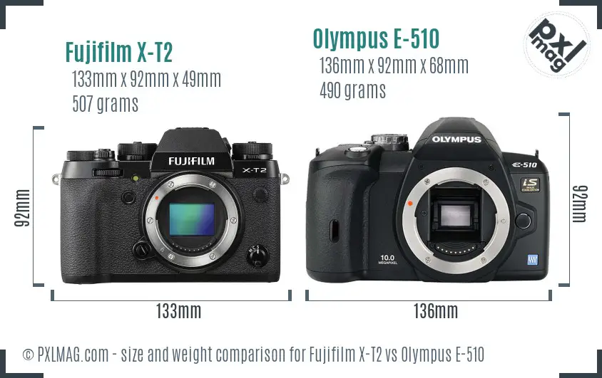 Fujifilm X-T2 vs Olympus E-510 size comparison Fujifilm X-T2 vs Olympus E-510 size comparison