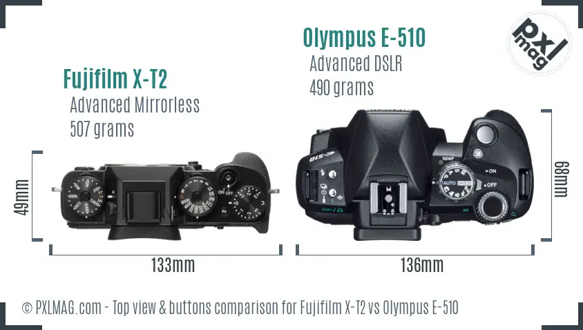 Fujifilm X-T2 vs Olympus E-510 top view buttons comparison Fujifilm X-T2 vs Olympus E-510 top view buttons comparison